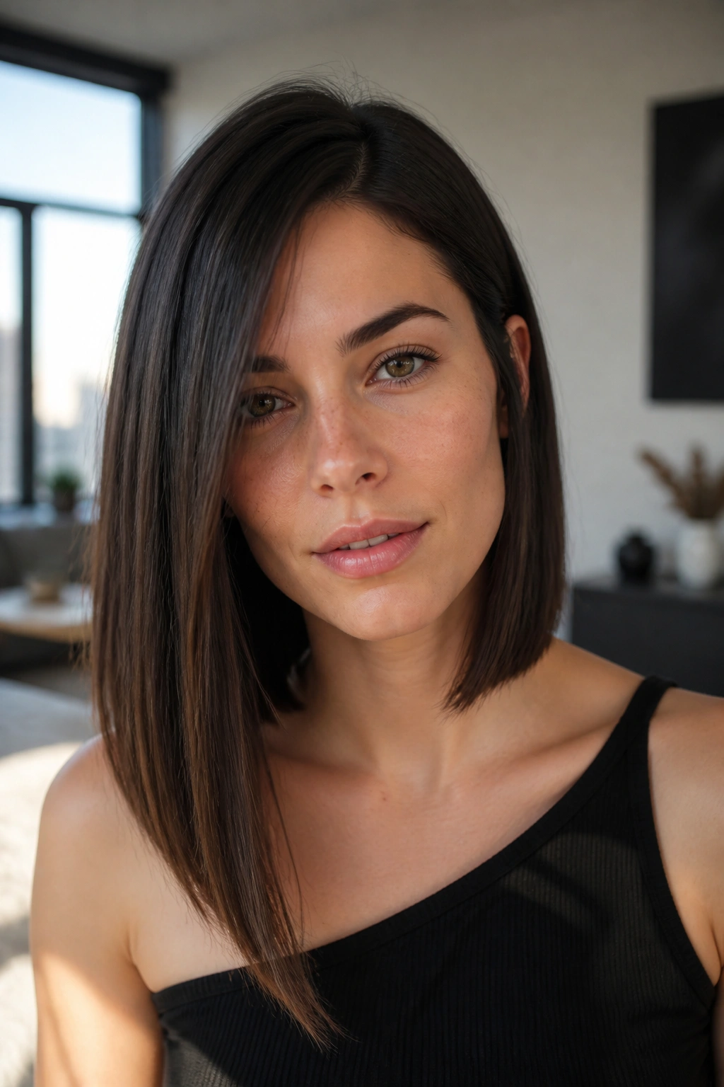 Close-up portrait of a real person with a sleek asymmetrical lob.