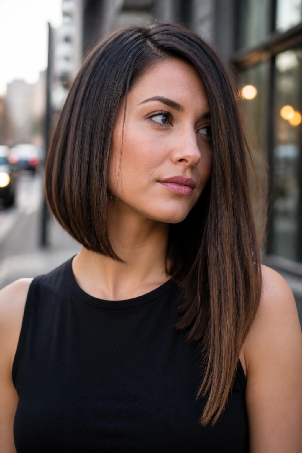 Real woman with an asymmetrical lob featuring a longer side, portrait in soft afternoon light.