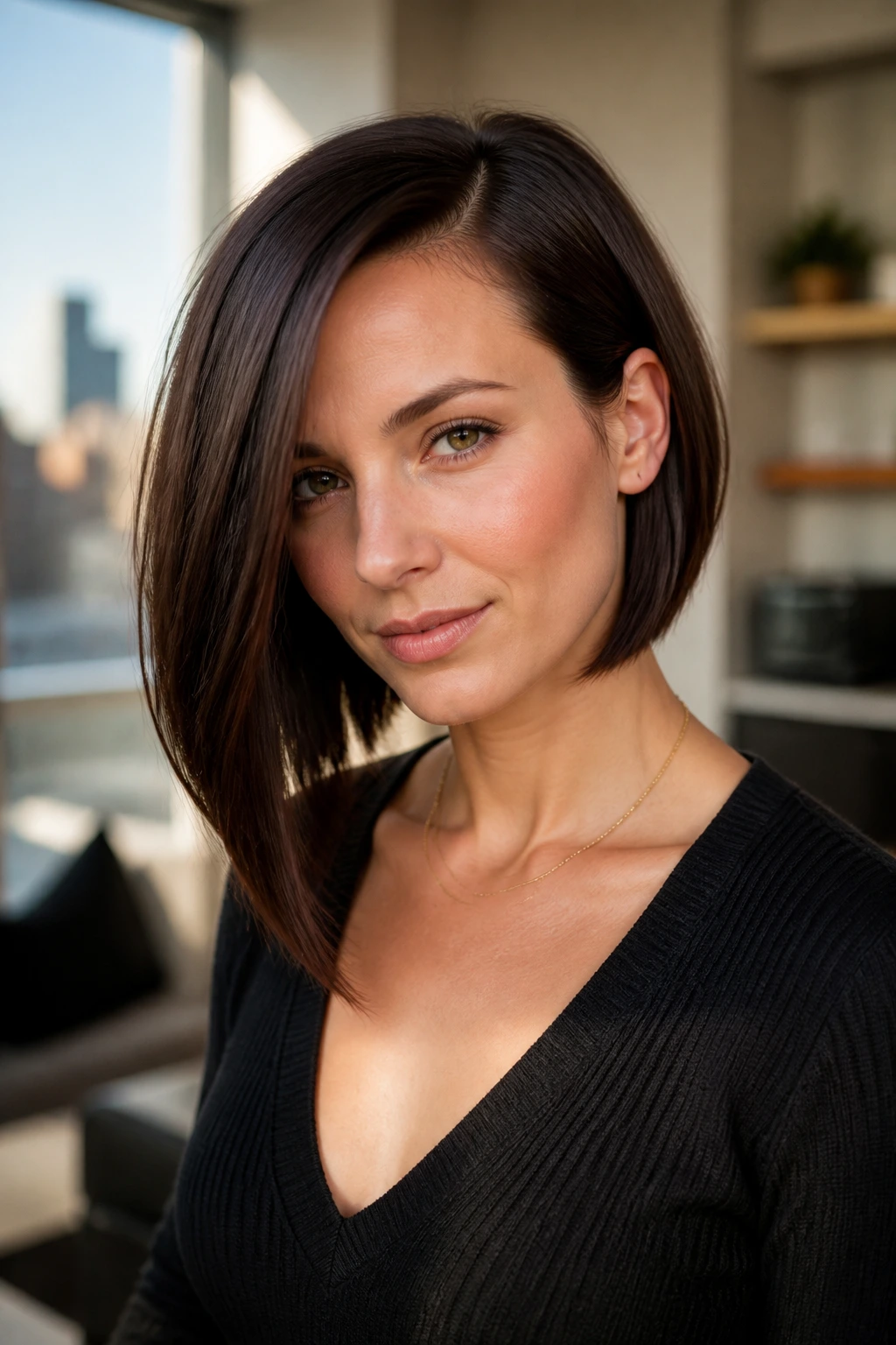 Portrait of a real person with an asymmetrical lob showing one side longer