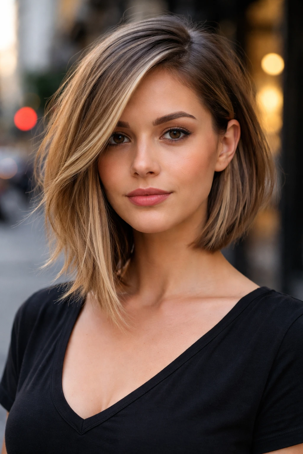 Close-up of real woman with asymmetrical lob and diagonal length difference