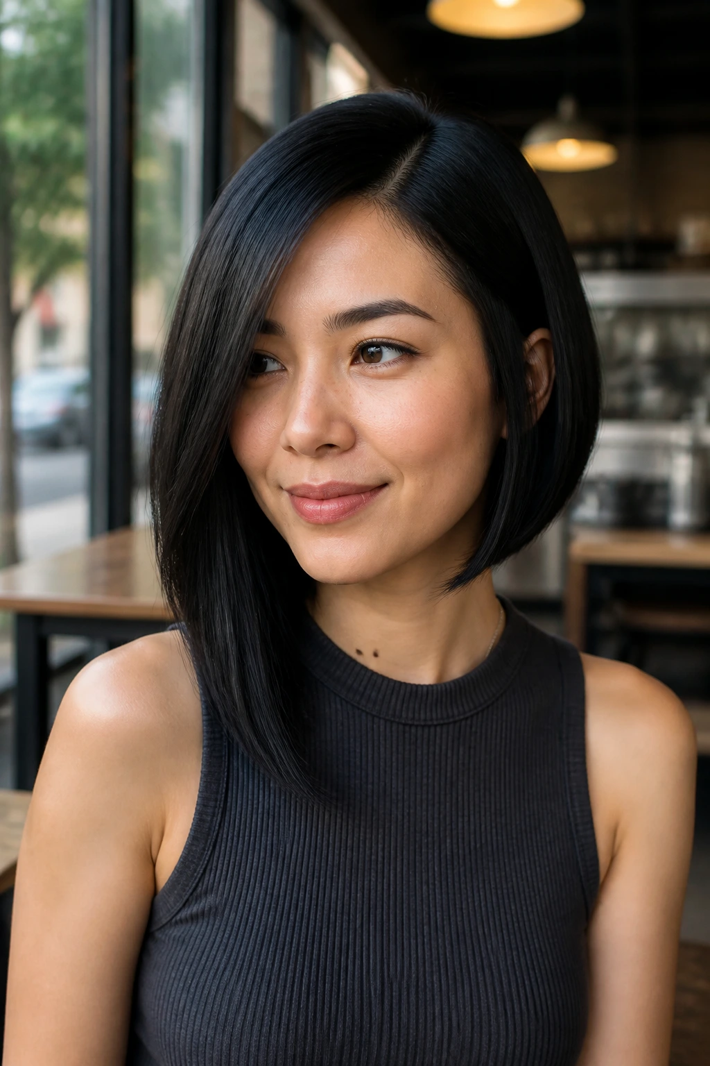 Close-up of a real woman with an asymmetrical lob and one longer side