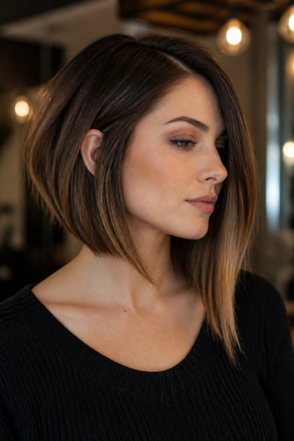 Portrait of a real person with an asymmetrical lob and a longer side.