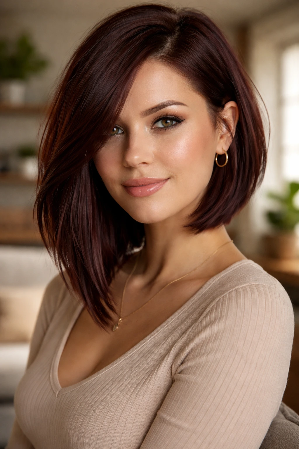 Close-up portrait of a real woman with an asymmetrical lob in mahogany, diagonal length emphasis