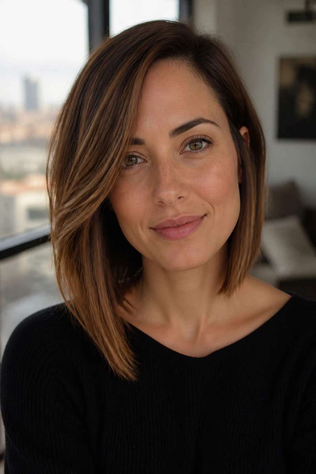 Portrait of a woman with a subtle asymmetrical lob haircut in a softly lit apartment
