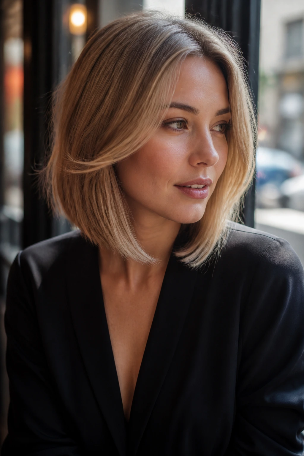 Real person with an asymmetrical lob and soft movement.