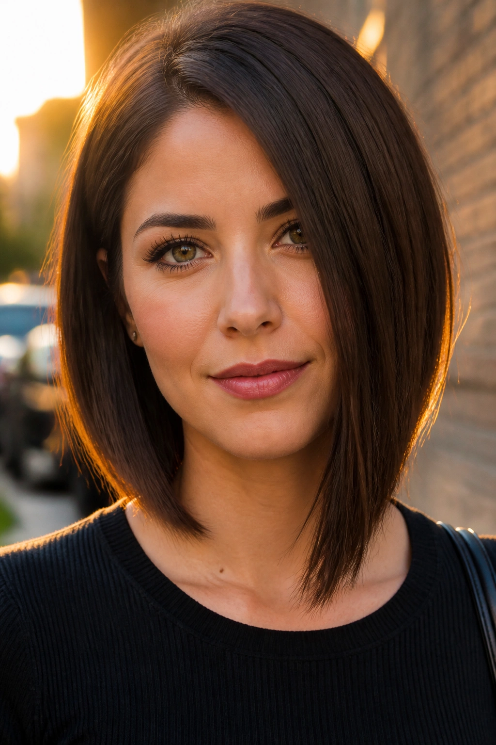 Close-up of a real woman with an asymmetrical lob and a slight longer side.