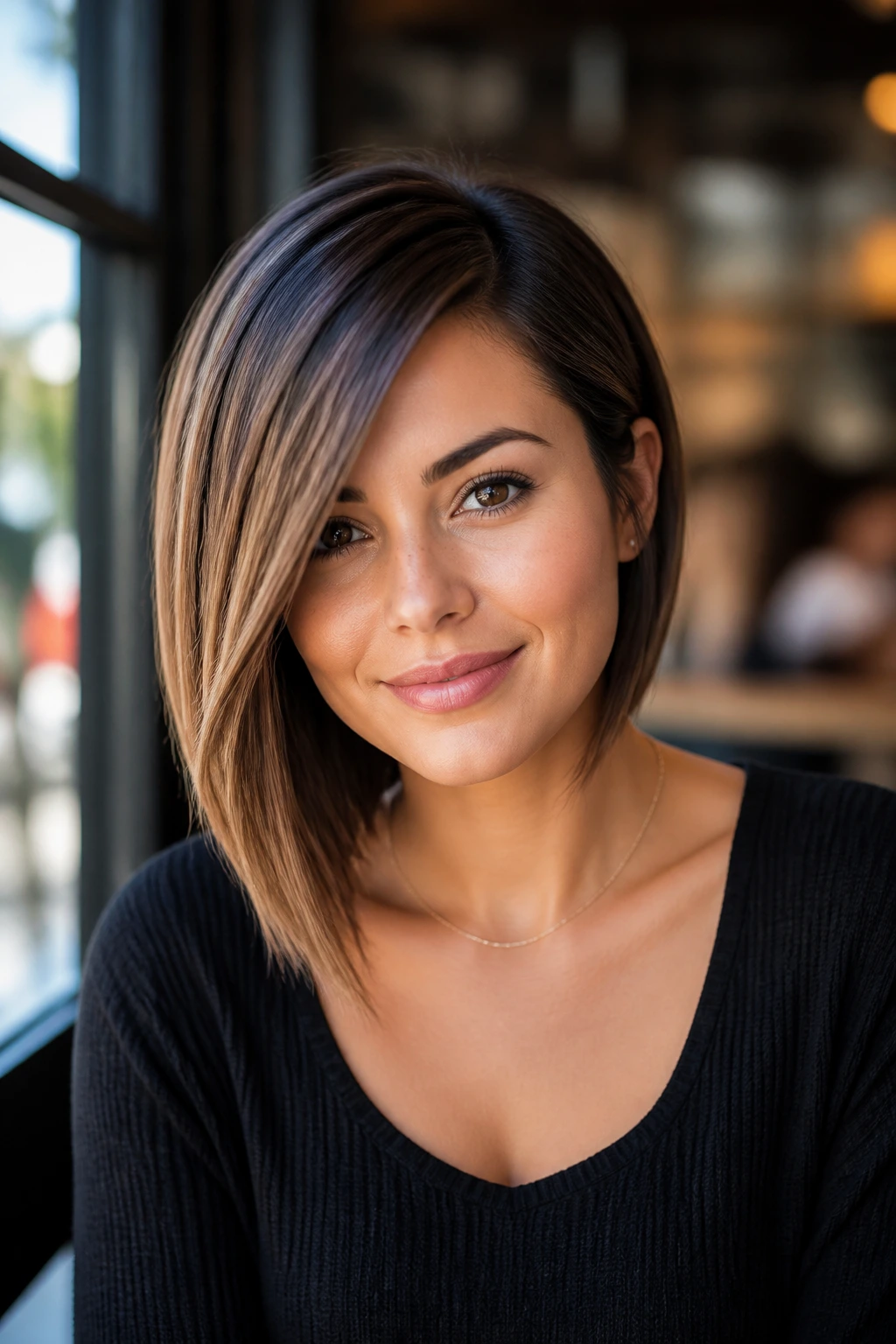 Close-up of real woman with asymmetrical lob and deep side part in daylight
