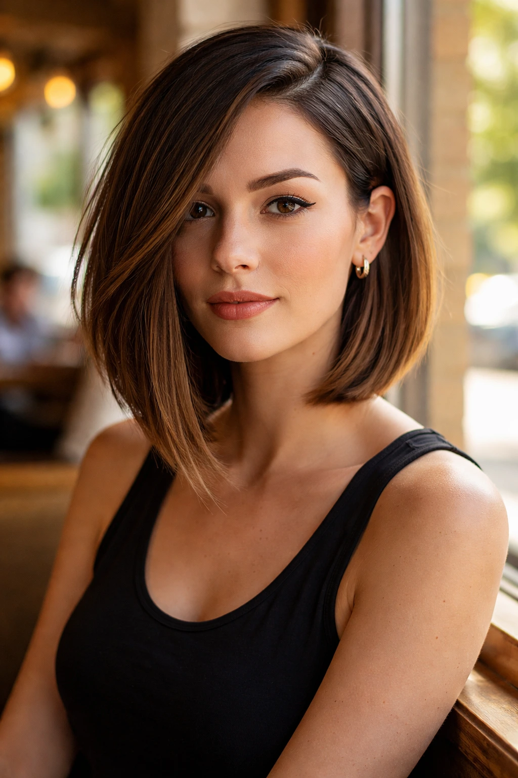 Close-up of a real woman with an asymmetrical lob showing shorter and longer sides