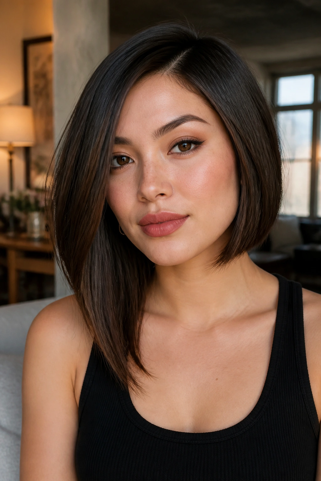 Close-up of a real woman with an asymmetrical lob hairstyle in a chic interior