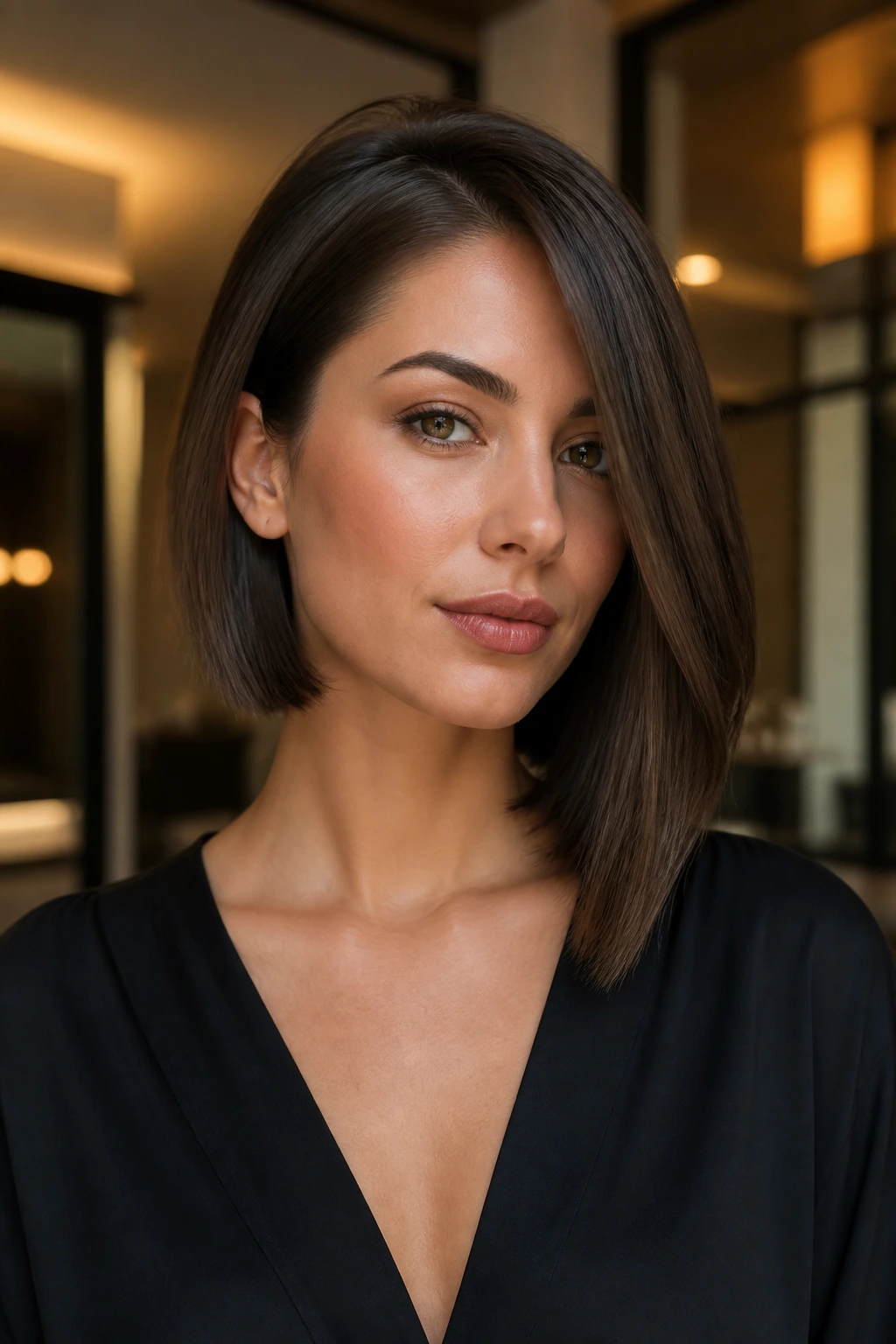 Close-up portrait of a real woman with an asymmetrical long bob