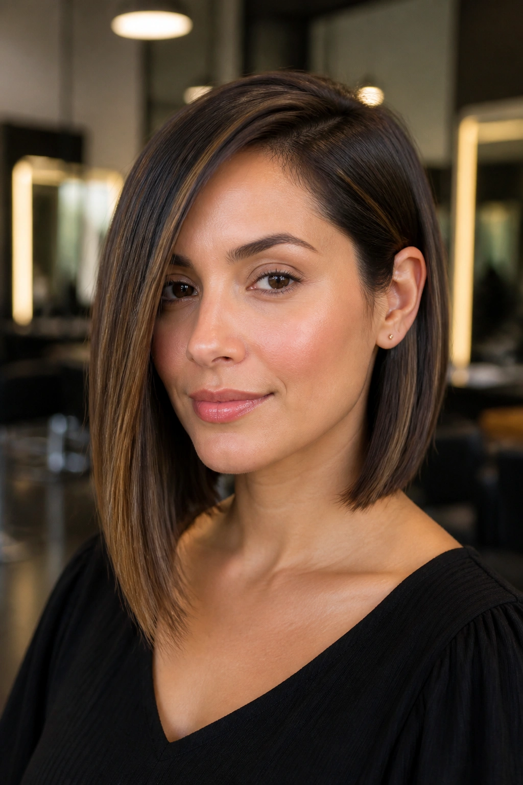 Close-up of a real woman with a subtle asymmetrical lob hairstyle in a salon