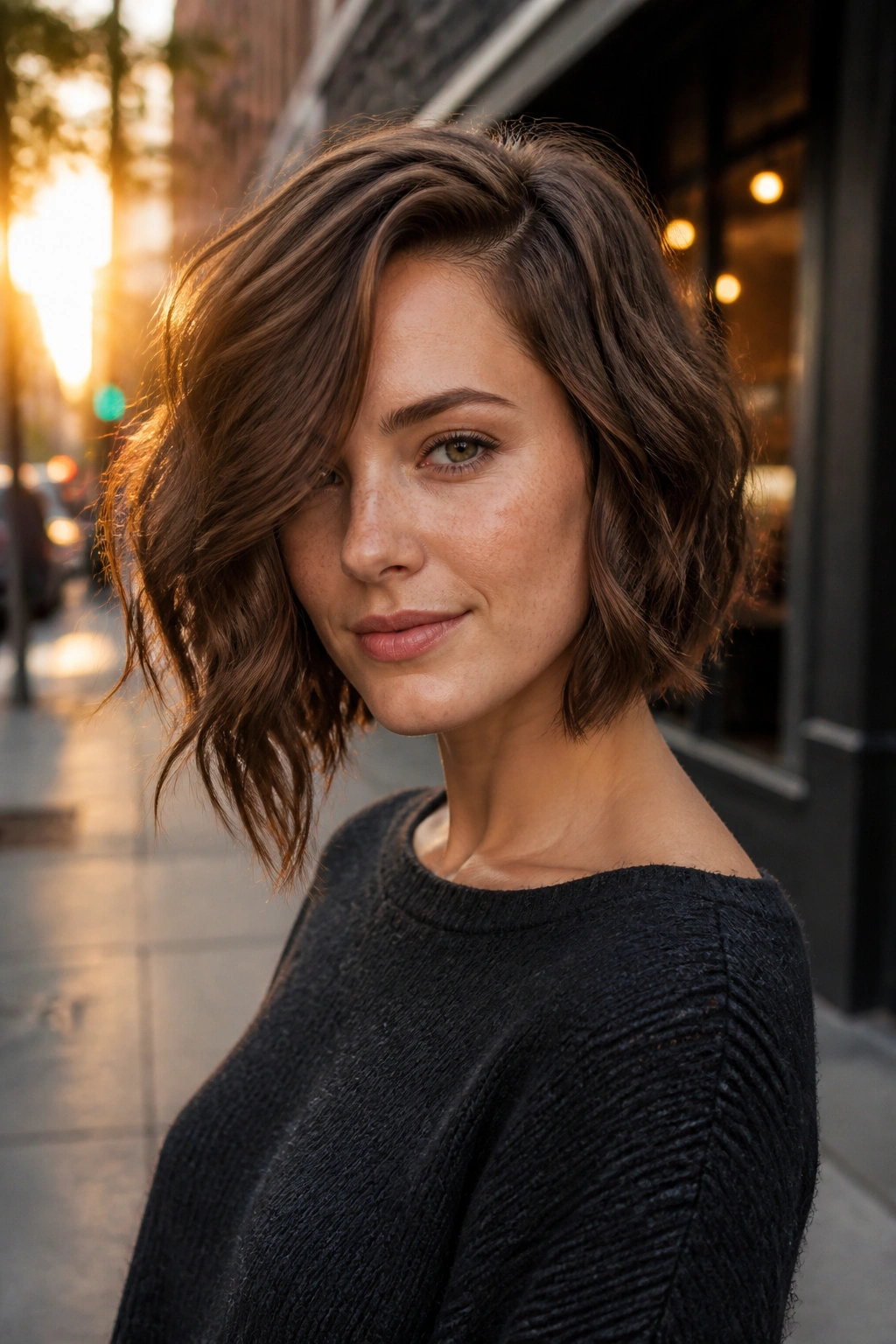 Portrait of a real woman with an asymmetrical lob and sharp bend