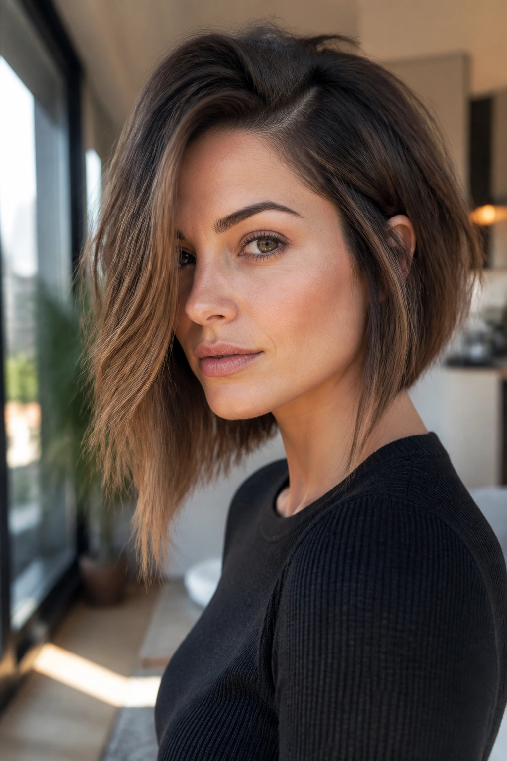 Portrait of a real woman with an asymmetrical lob and deep side part