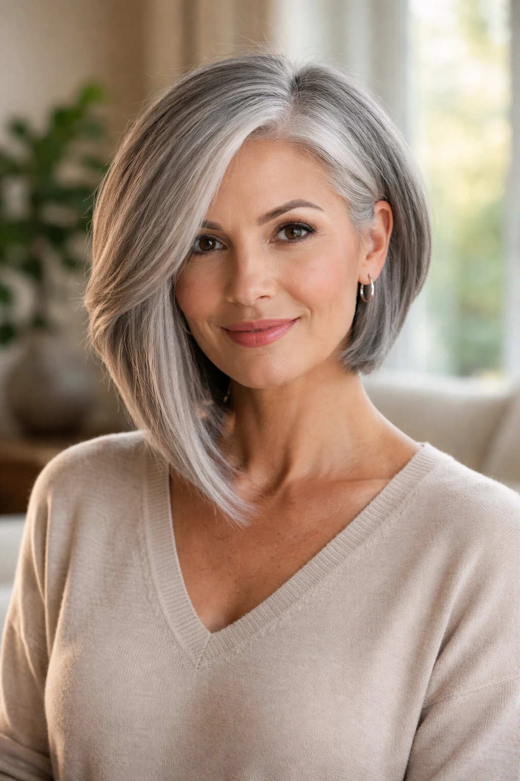 Close-up of a real woman with a silver asymmetrical lob hairstyle in natural window light.
