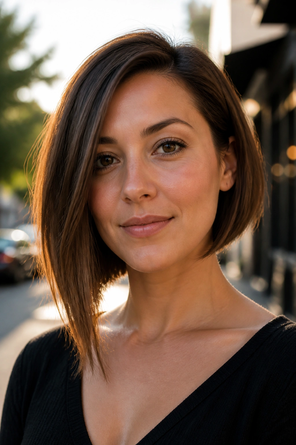 Portrait of a real woman with asymmetrical lob and subtle side-length difference