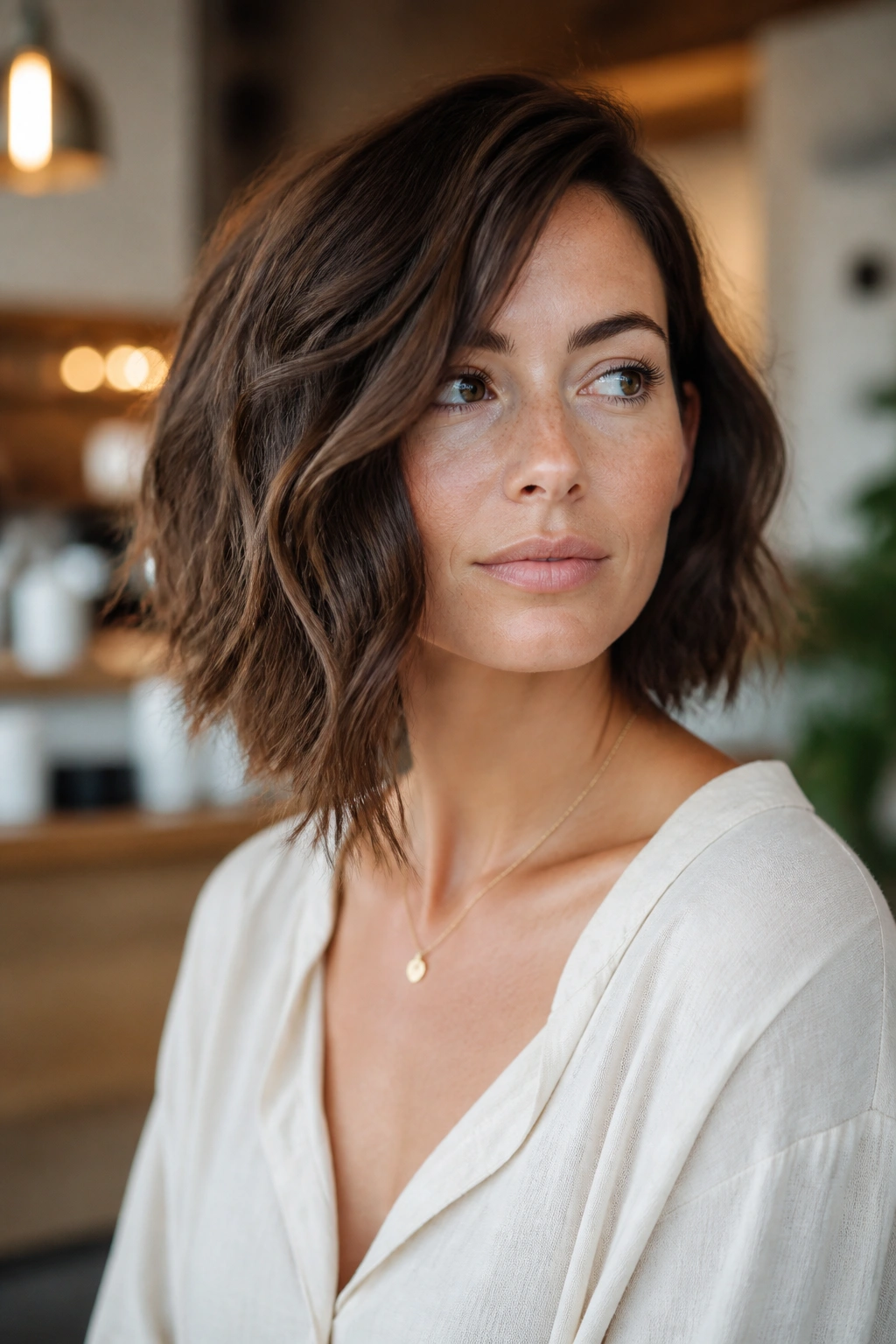 Real person with an asymmetrical lob showing a longer side and shorter side.