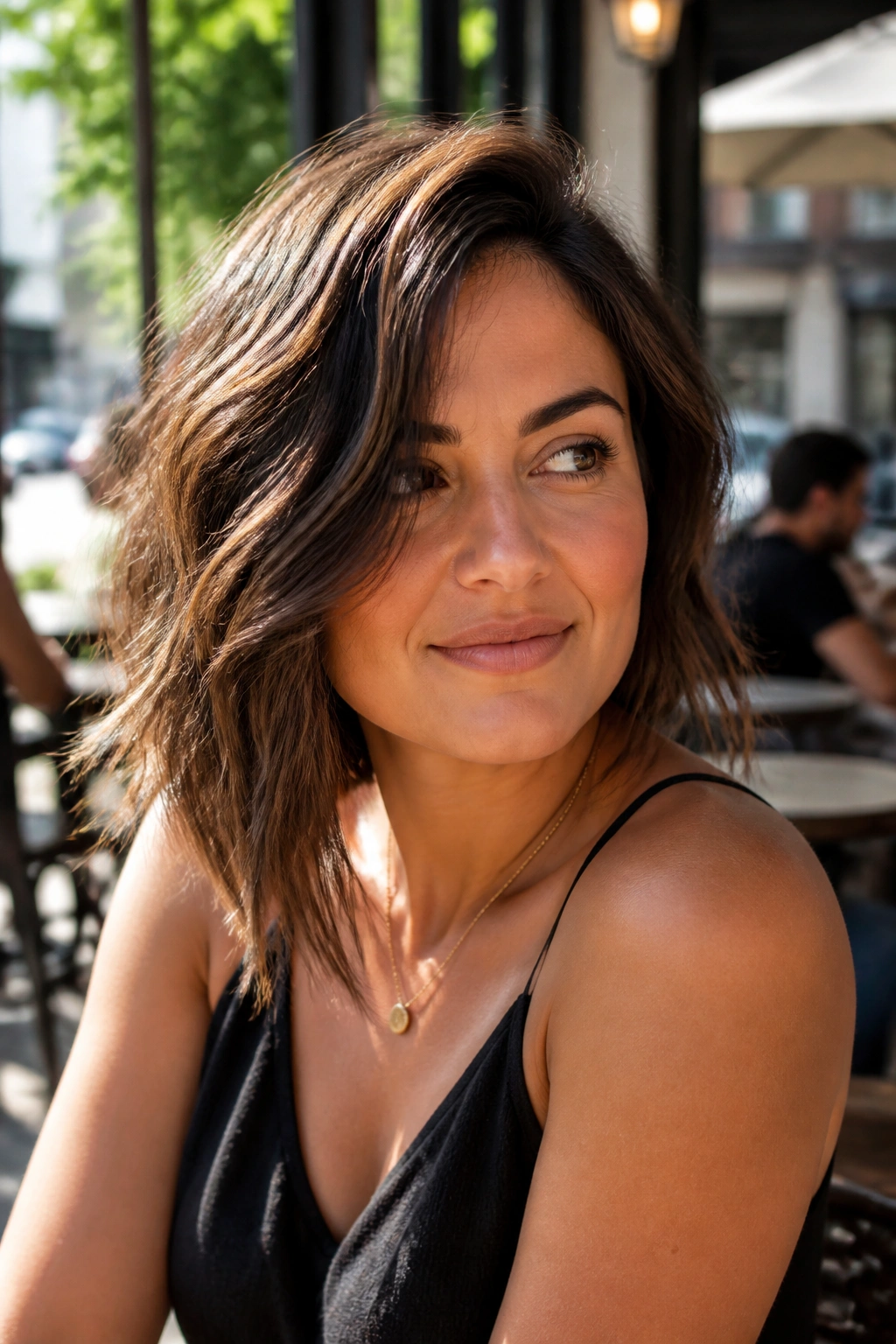 Real woman with asymmetrical wavy lob highlighting diagonal line outdoors
