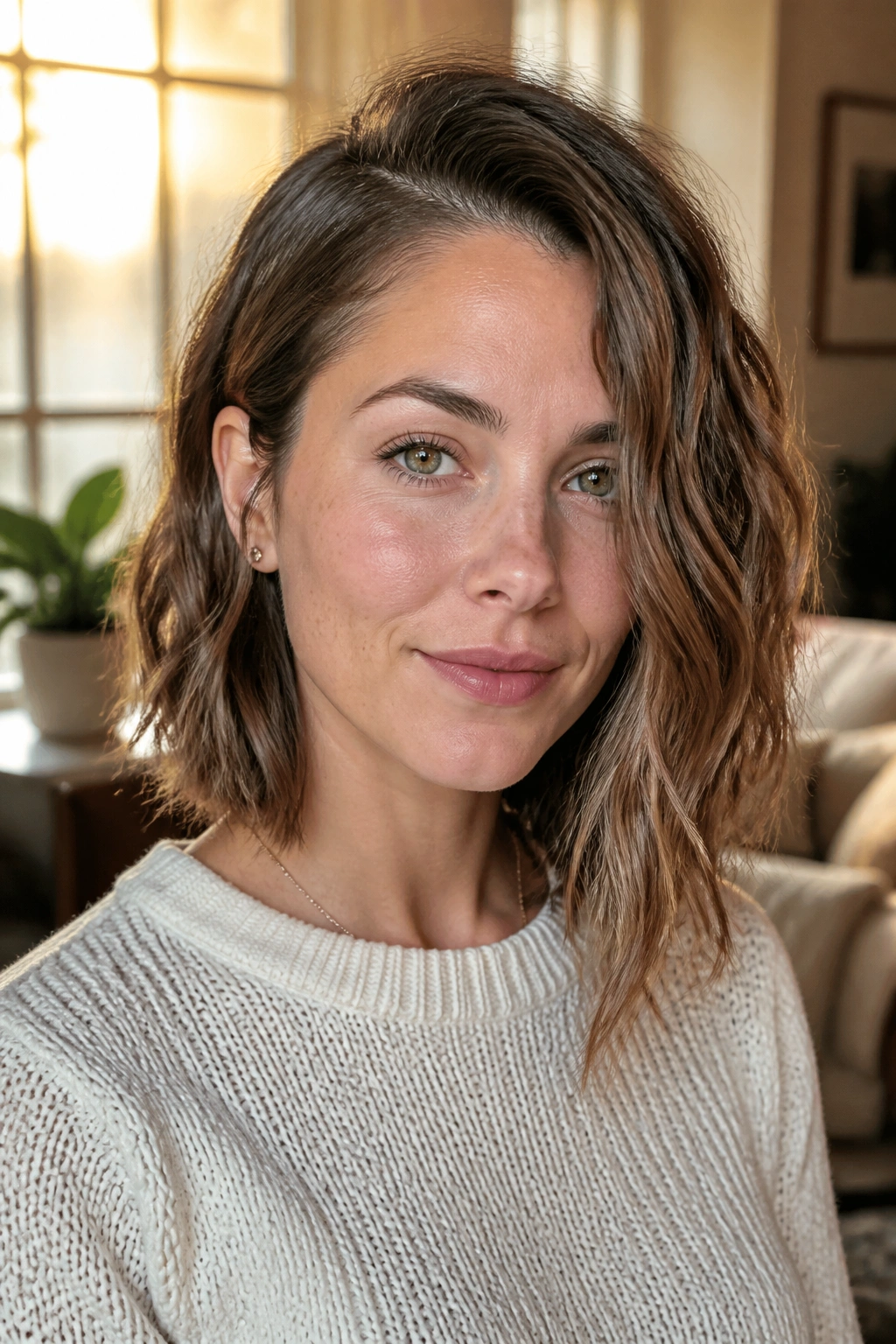 Close-up of a real woman's head showing an asymmetrical lob with longer side and soft waves