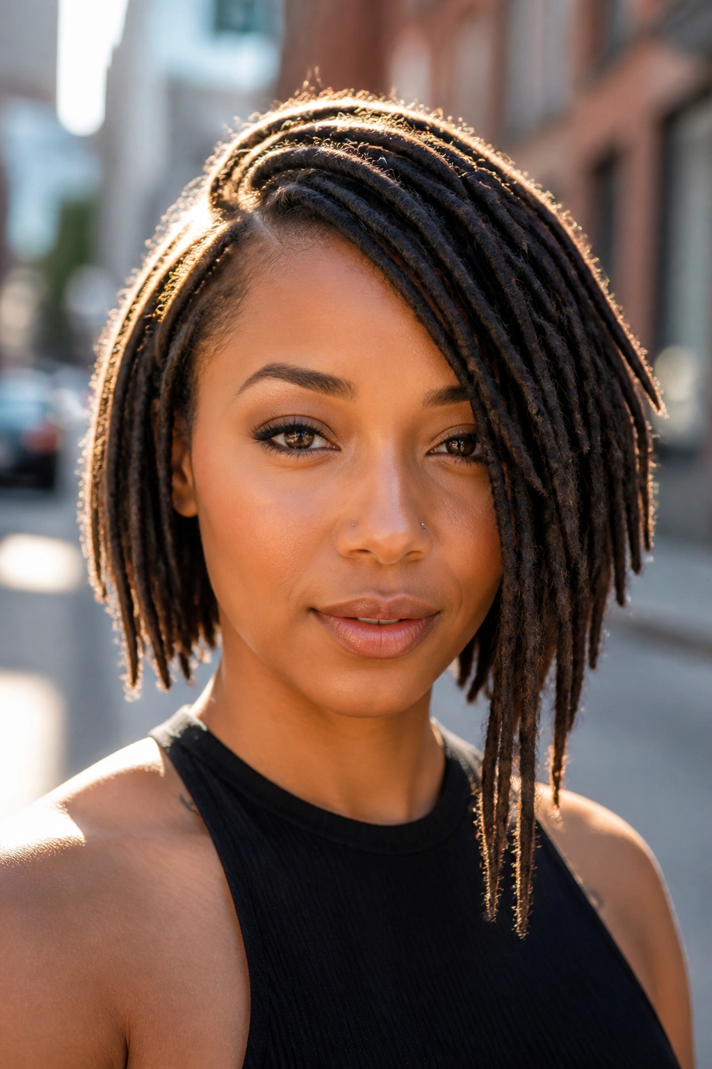 Close-up of a real woman with asymmetrical loc bob and longer front pieces at the collarbone