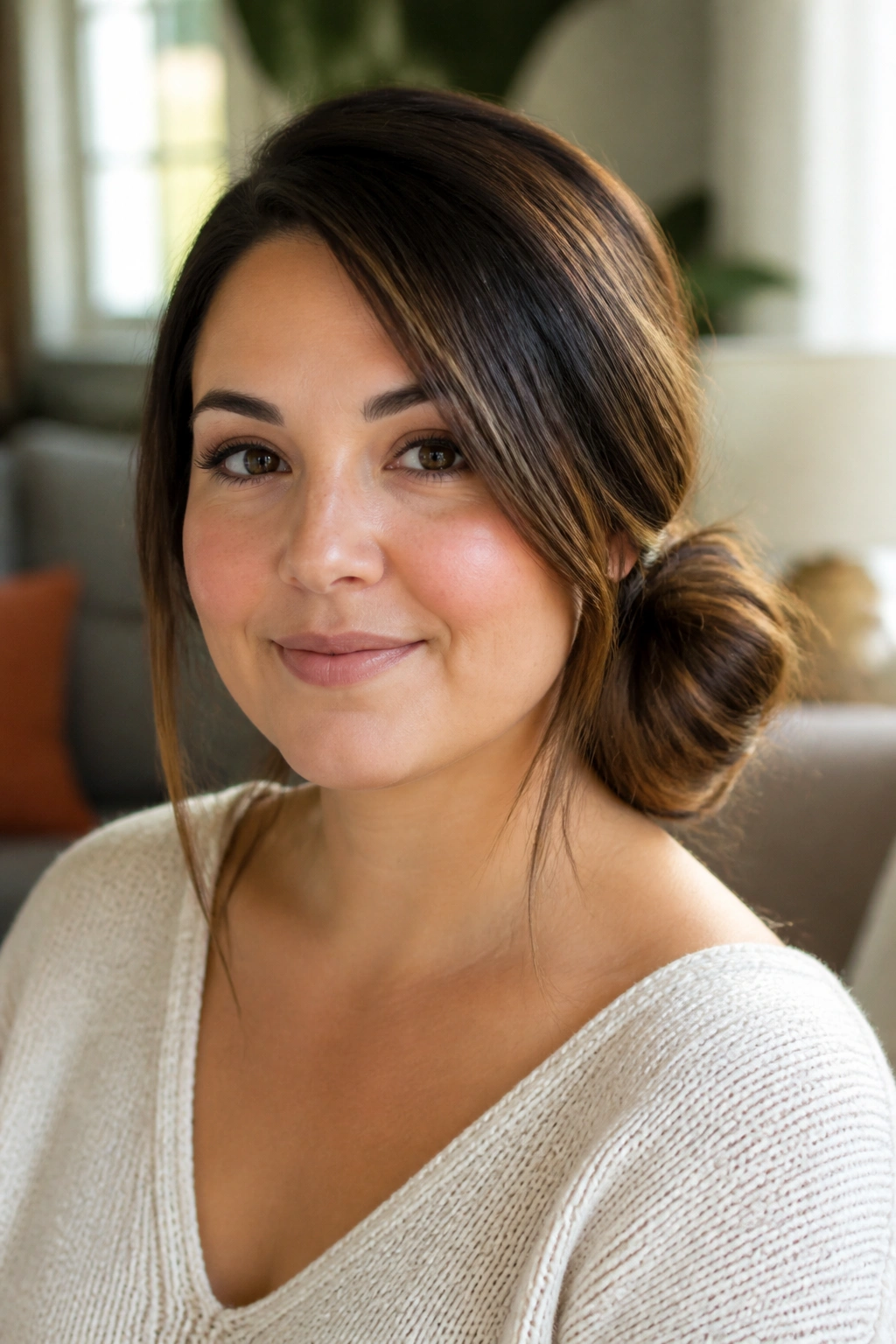 Close-up of a real woman wearing an asymmetrical low bun off-center