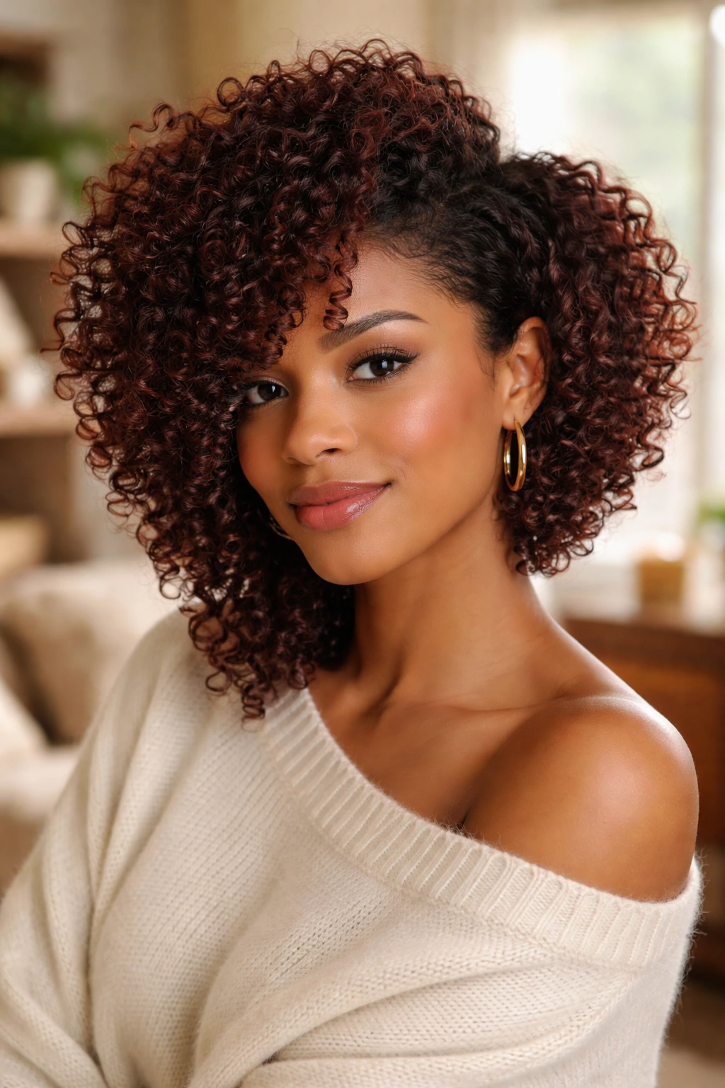 Close-up of a real woman with an asymmetrical mahogany cut hairstyle