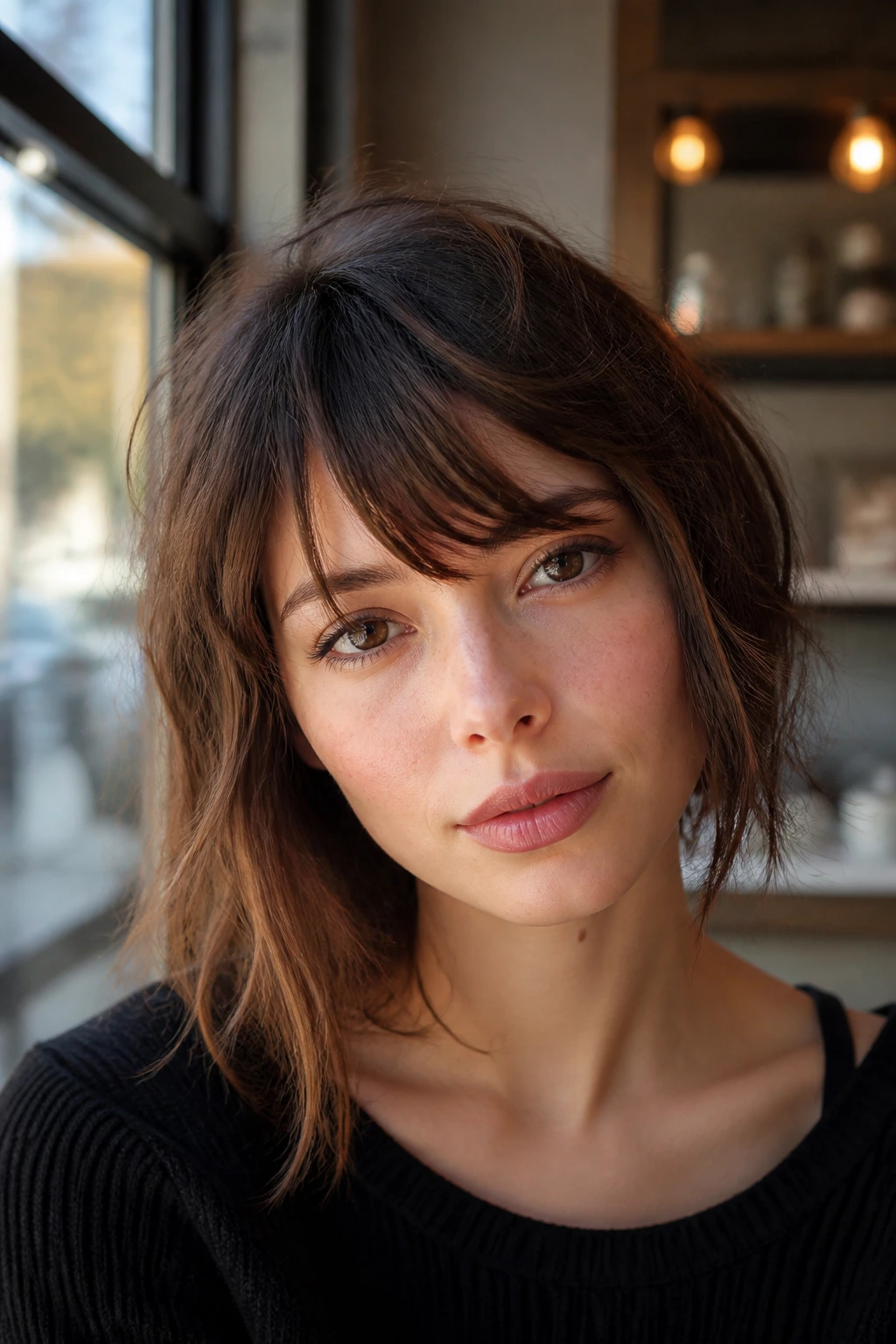 Close-up of a real woman with asymmetrical messy bangs and soft texture in natural light