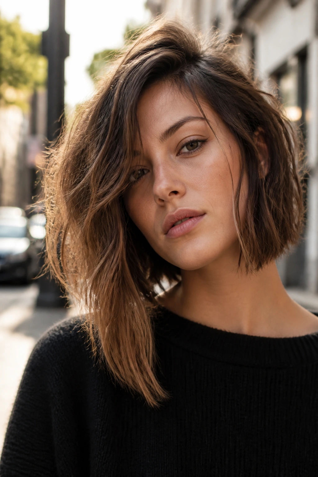 Portrait of a real woman with asymmetrical messy lob on a city street
