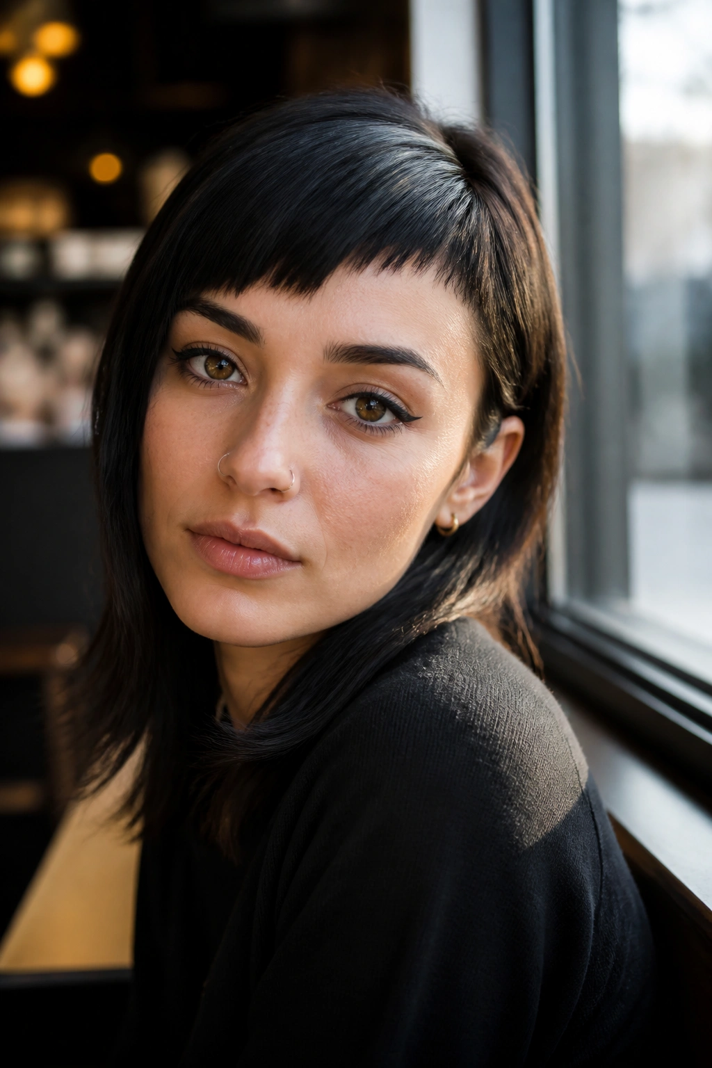 Close-up portrait of a real person with asymmetrical micro bangs in daylight