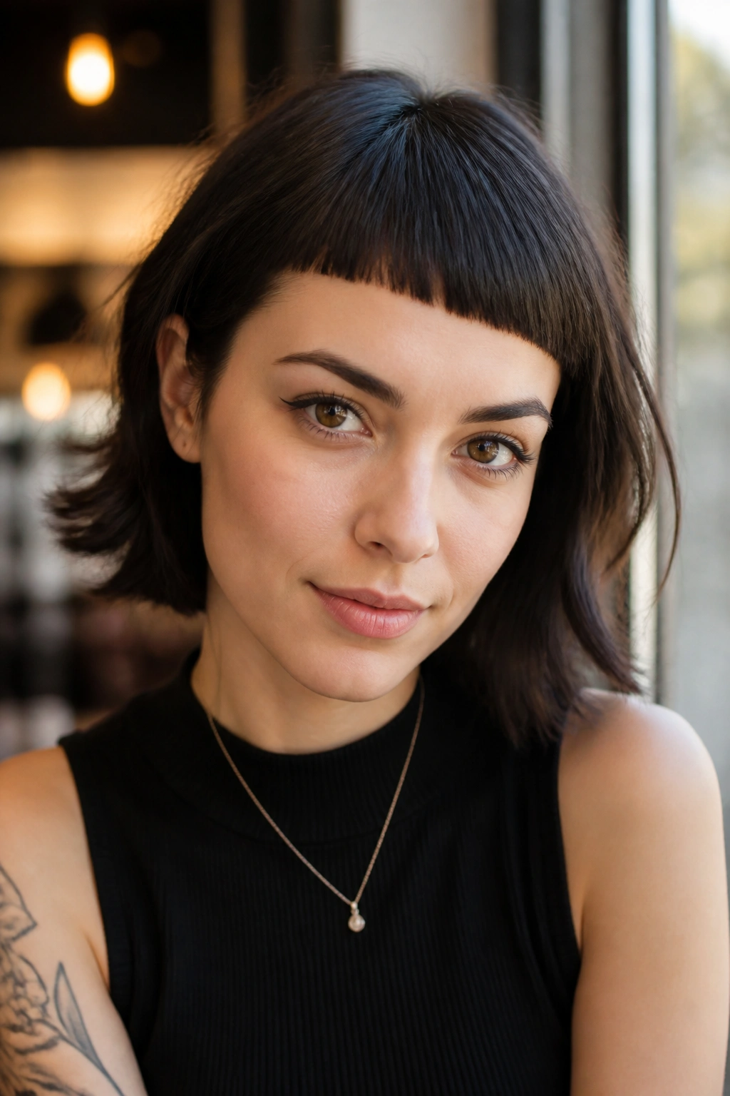 Real person with asymmetrical micro bangs and diagonal fringe
