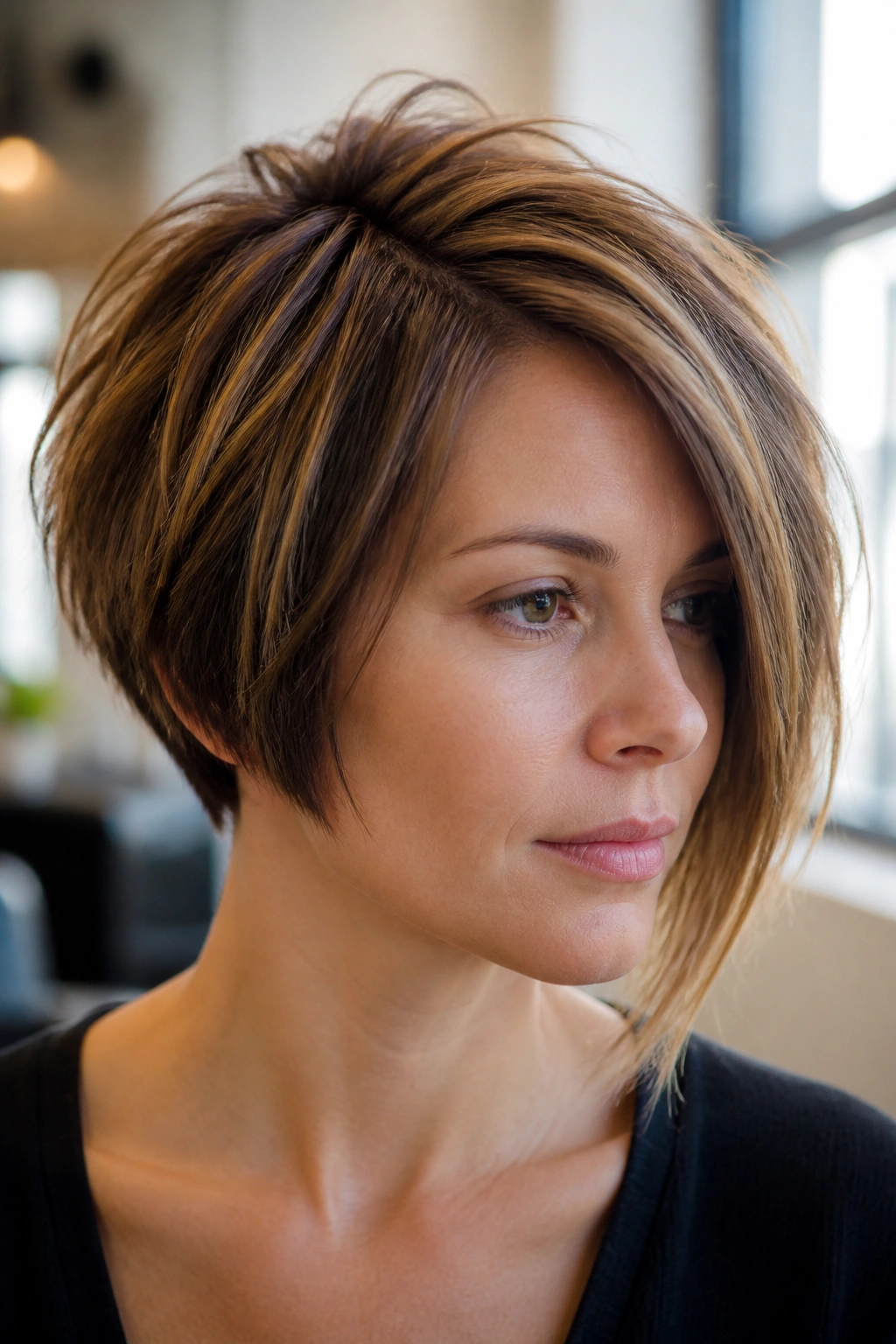 Close-up of a real woman with an asymmetrical textured pageboy