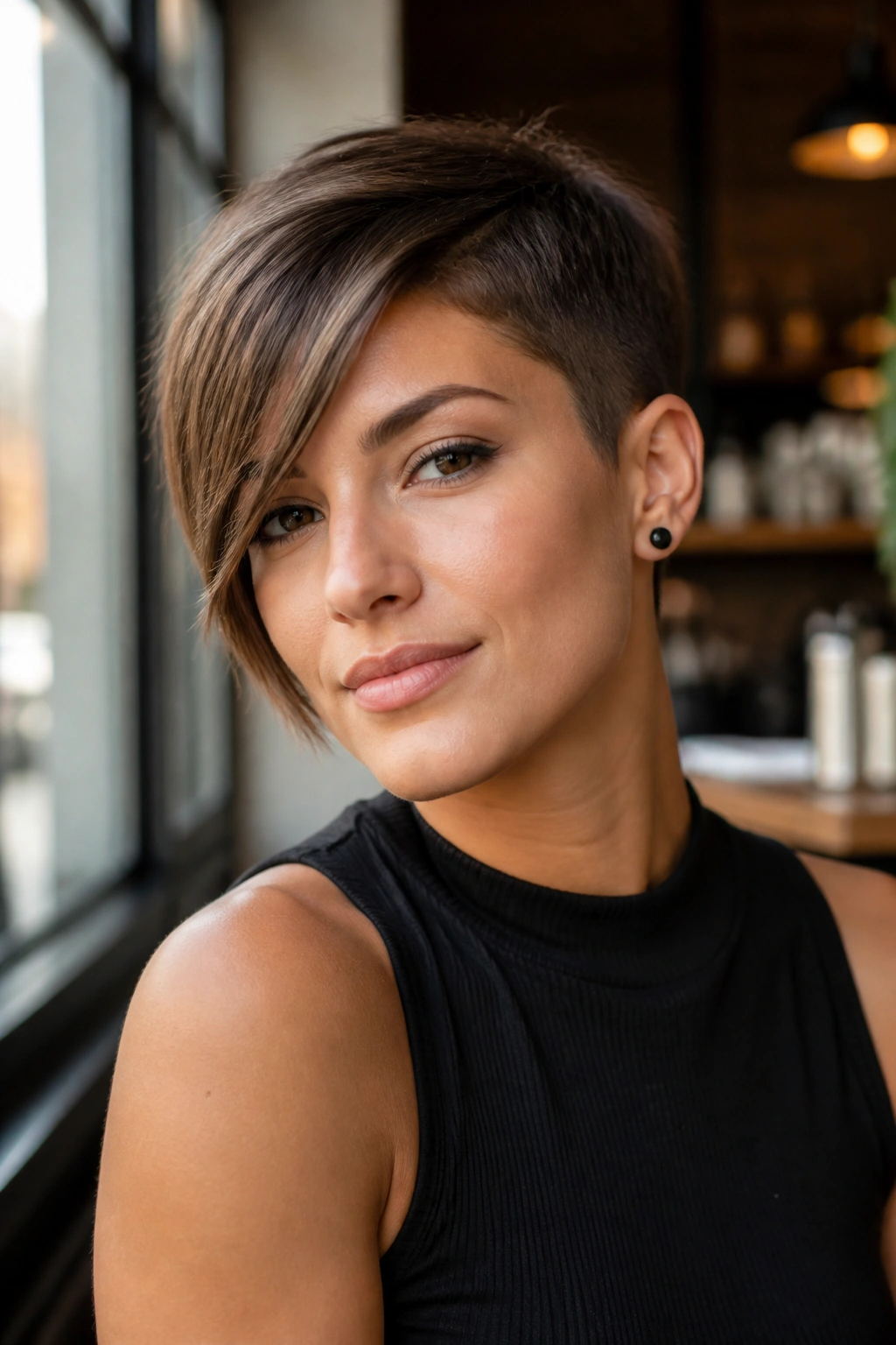 Close-up portrait of a real person with an asymmetrical pixie in a cafe setting