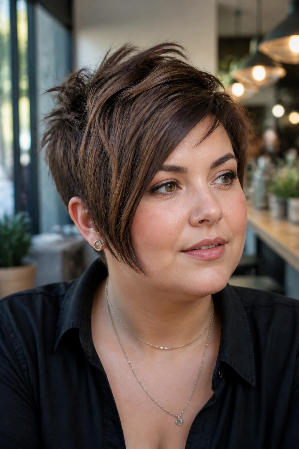 Close-up portrait of a real woman with an asymmetrical pixie and angular fringe for round face.