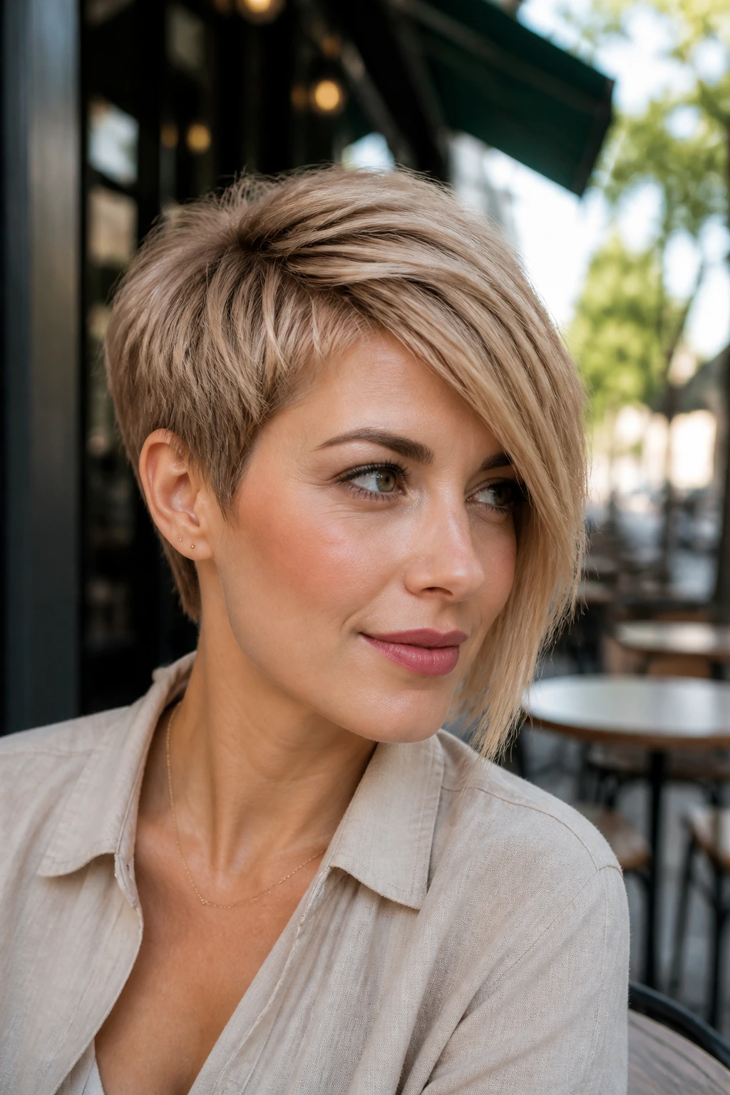 Real woman with asymmetrical beige pixie and longer side