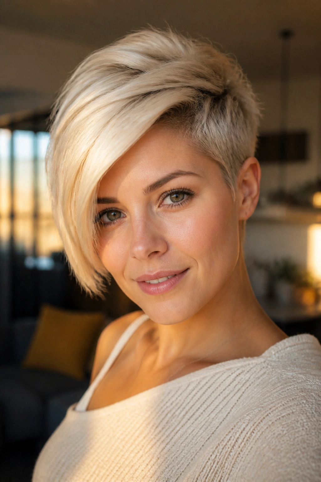 Close-up of a real woman with asymmetrical blonde pixie and diagonal long side.
