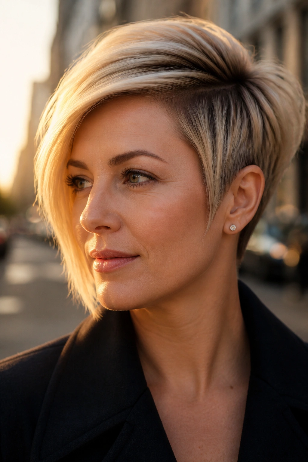 Close-up of a real woman with an asymmetrical pixie and longer side