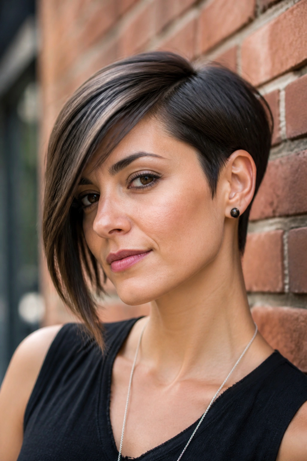 Portrait of a real woman with asymmetrical pixie bob, one side shorter