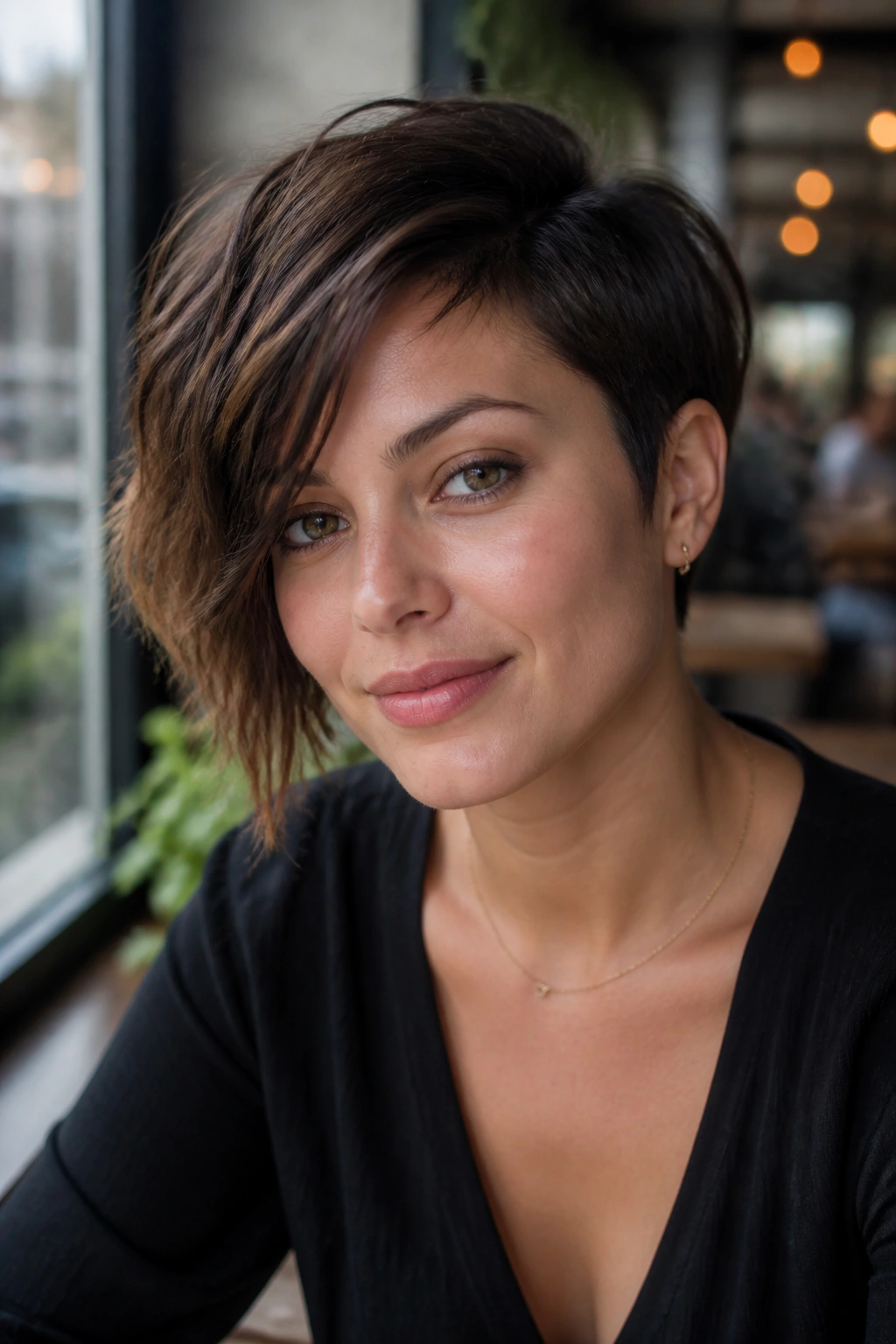 Close-up portrait of a real woman with asymmetrical pixie bob hairstyle