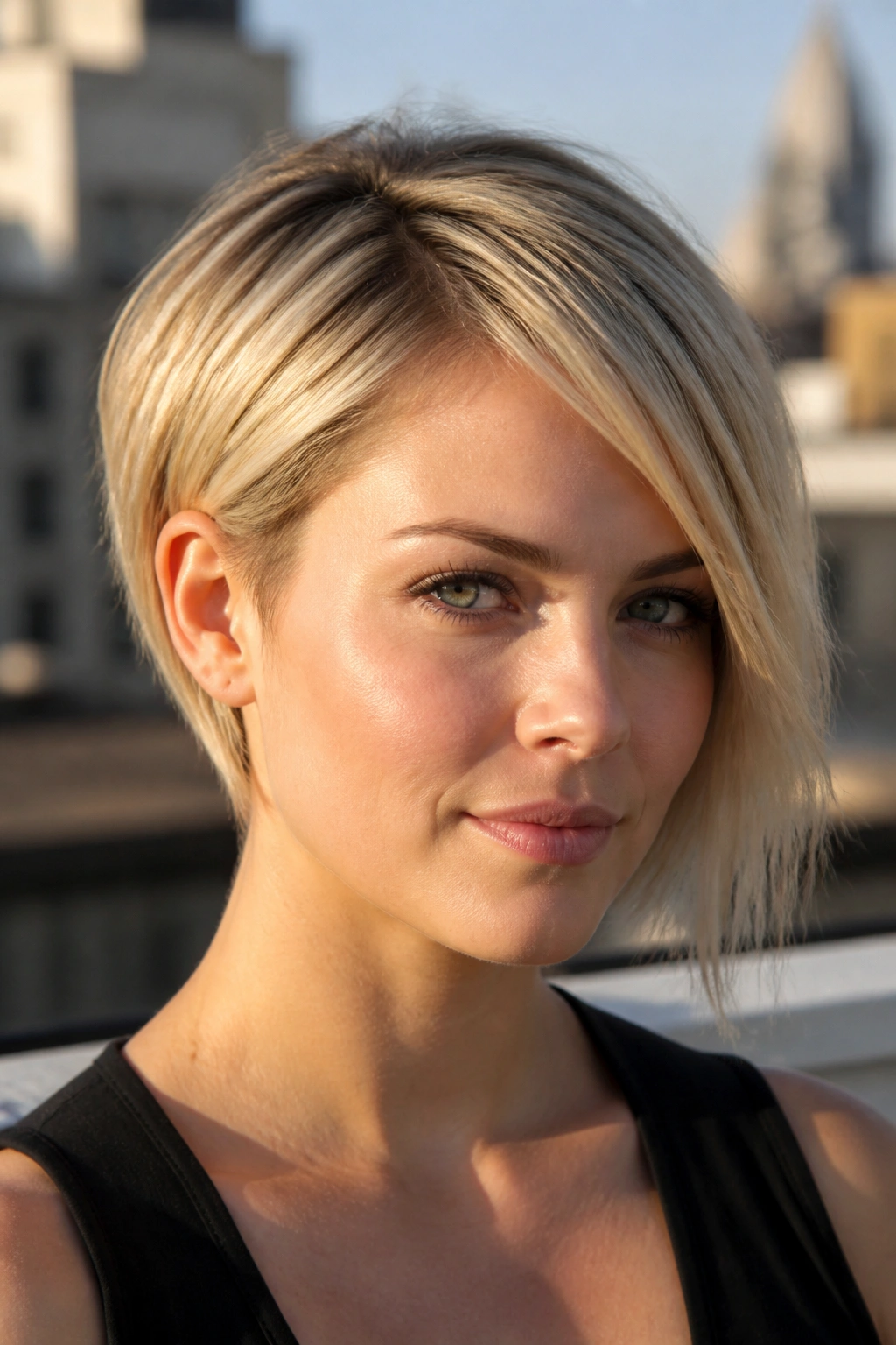 Close-up of real woman with asymmetrical pixie bob blonde