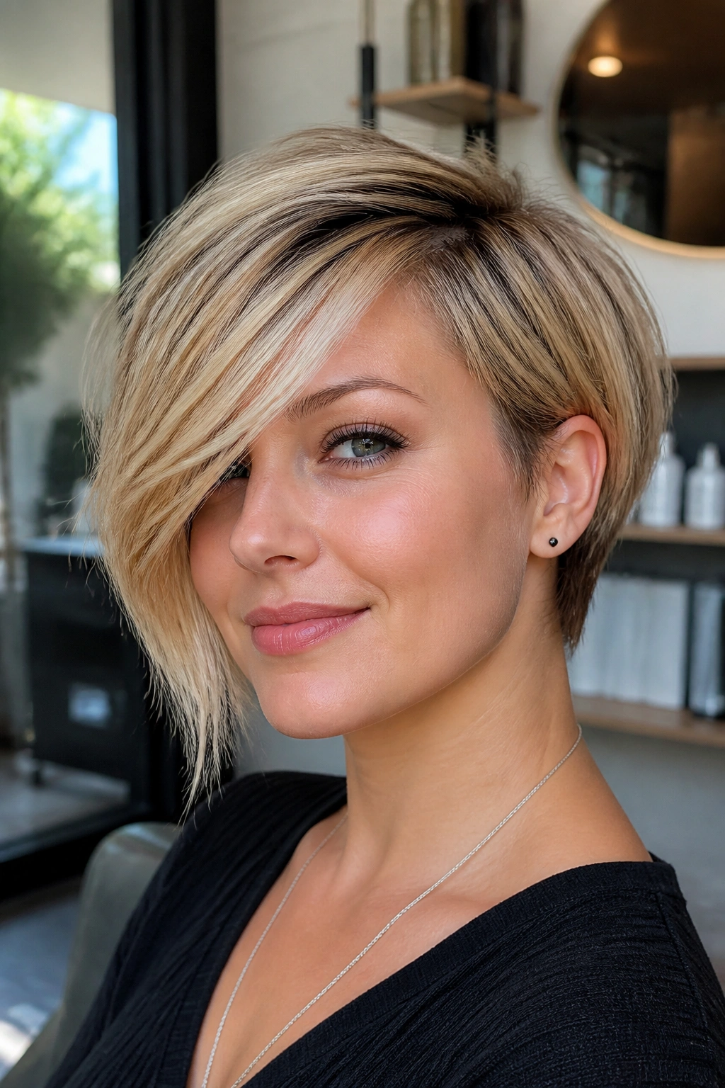 Close-up of a real woman with an asymmetrical pixie bob and long top fringe in blonde with root shadow