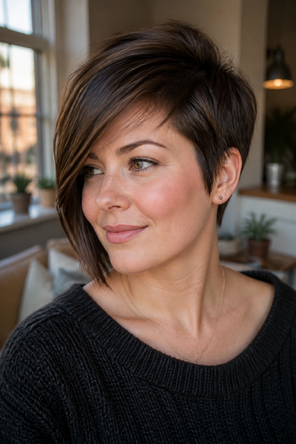 Close-up of a real person with Asymmetrical Pixie Bob for Round Faces hairstyle
