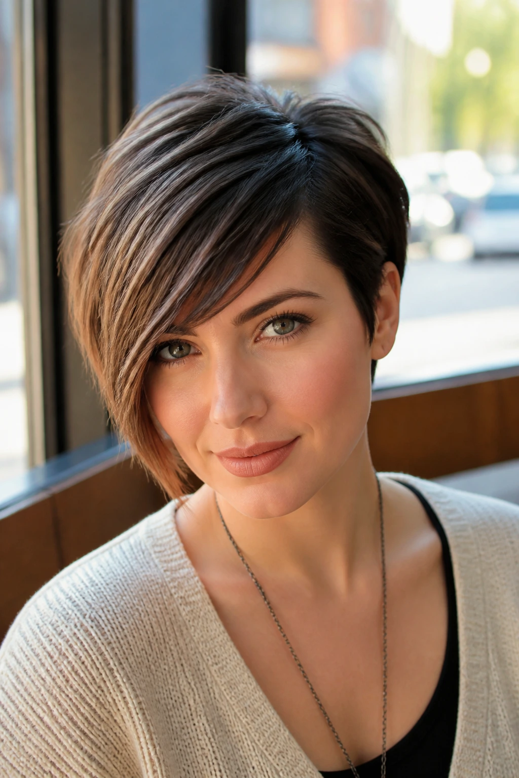 Close-up portrait of a real person with an asymmetrical pixie-bob and soft side fringe