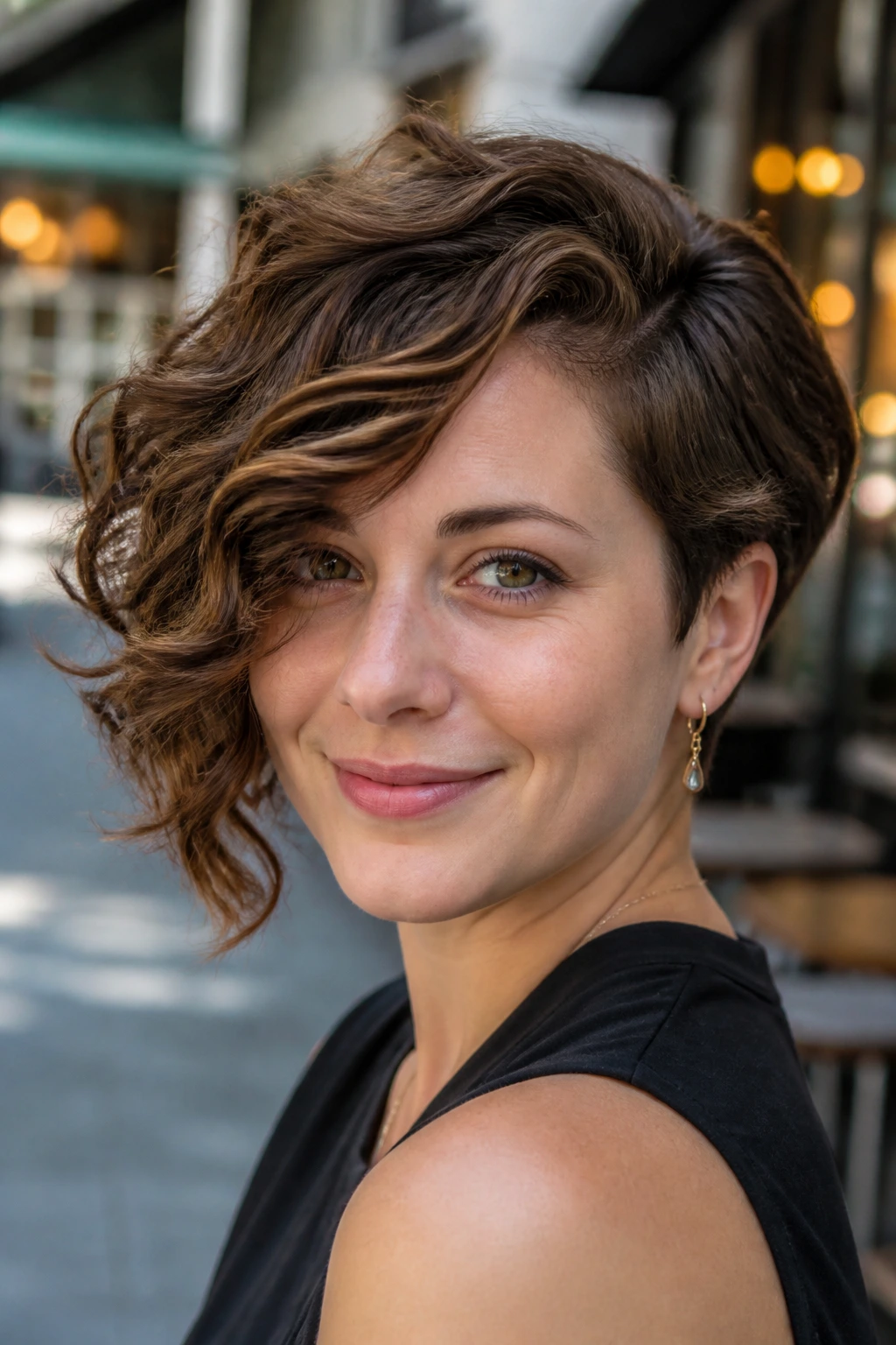 Real woman with asymmetrical pixie-bob and swept fringe.