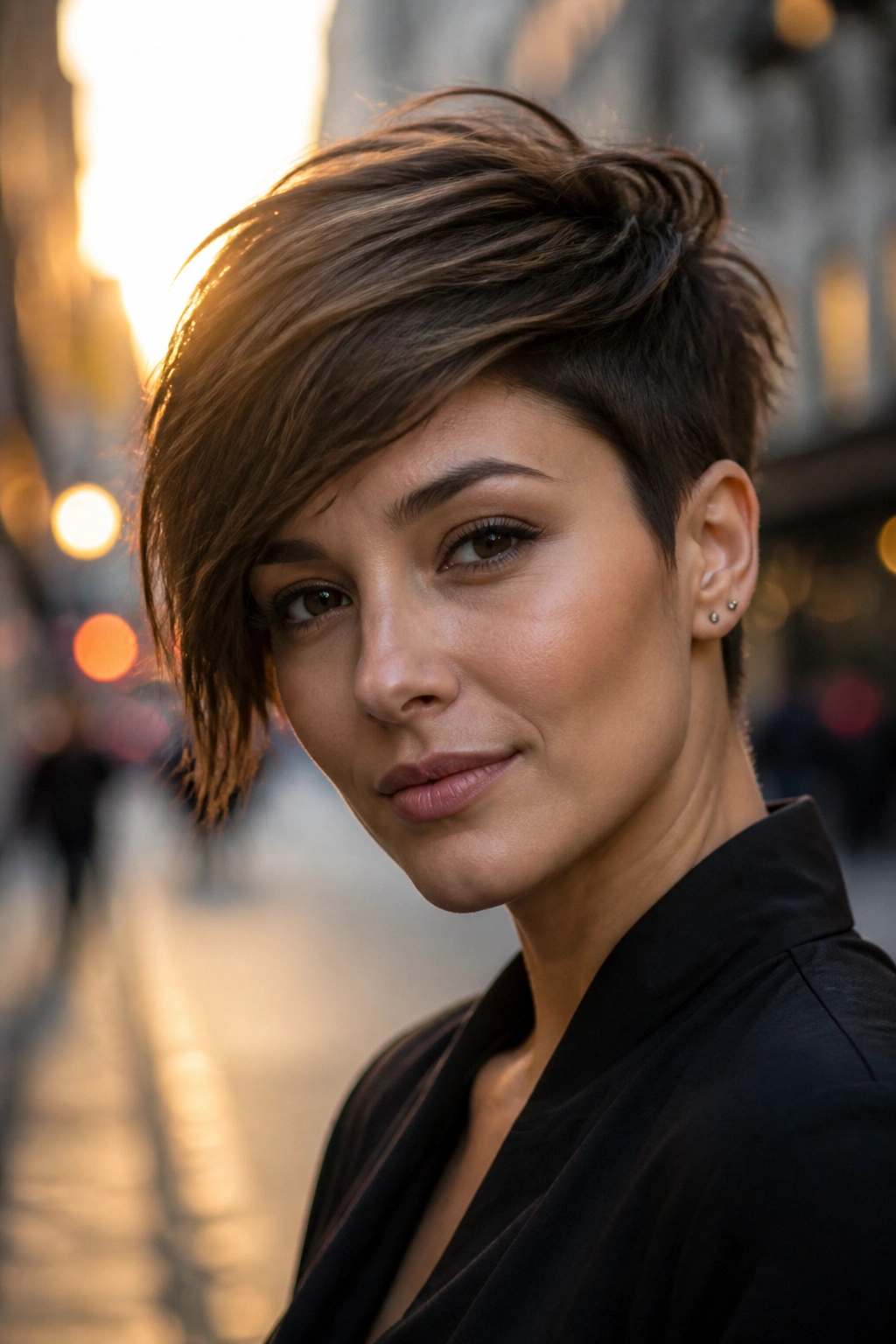 Close-up of woman with asymmetrical pixie cut and golden hour light.