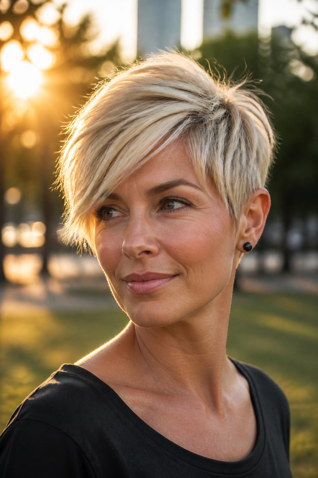 Close-up portrait of a real woman with asymmetrical choppy pixie hairstyle