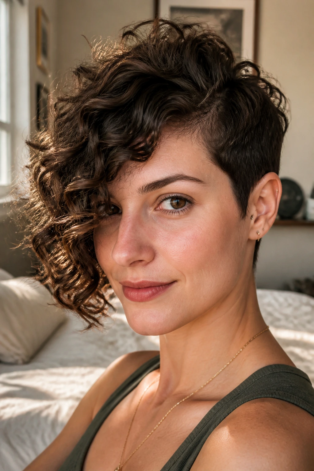 Close-up portrait of a real woman with an asymmetrical curly pixie and long side fringe.