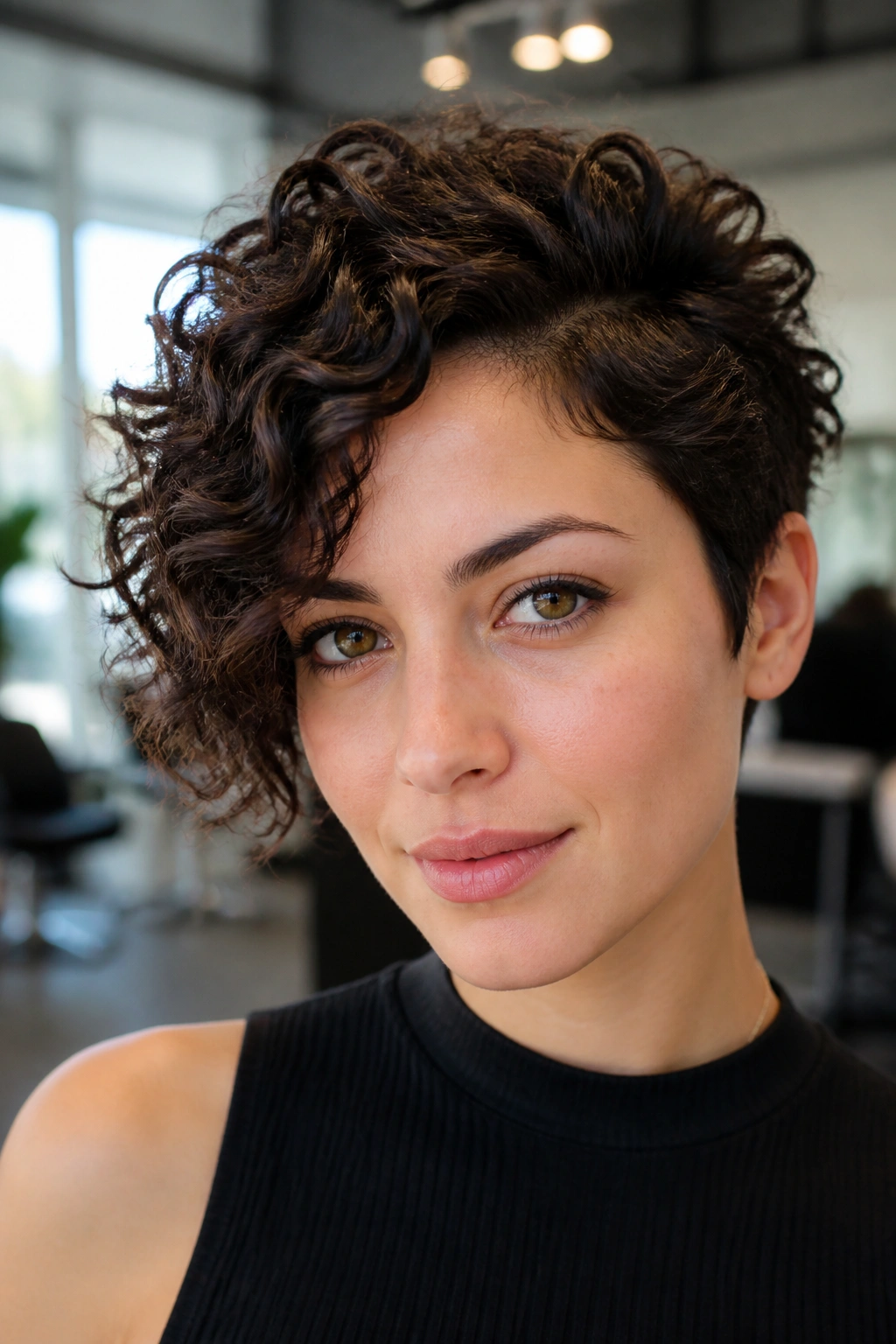 Portrait of a real woman with asymmetrical curly pixie
