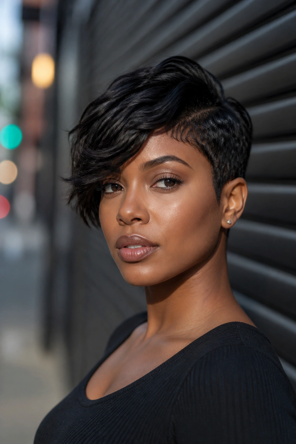 Real woman with asymmetrical pixie cut hairstyle