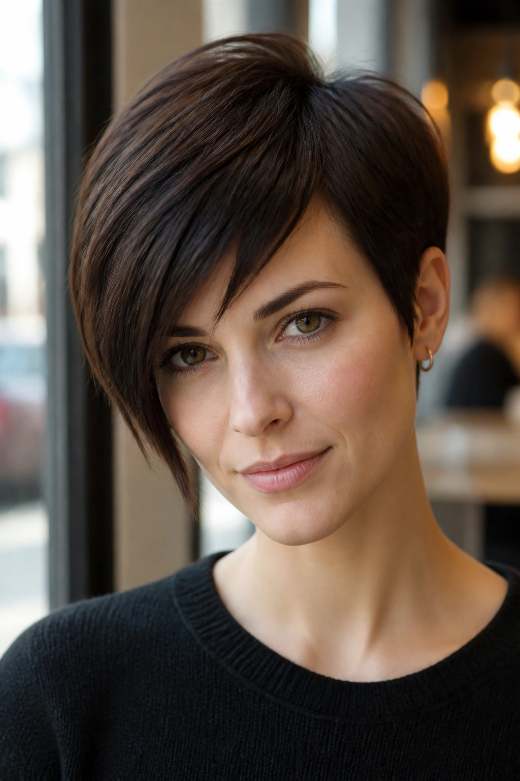Real woman with asymmetrical deep brown pixie, longer side near cheekbone