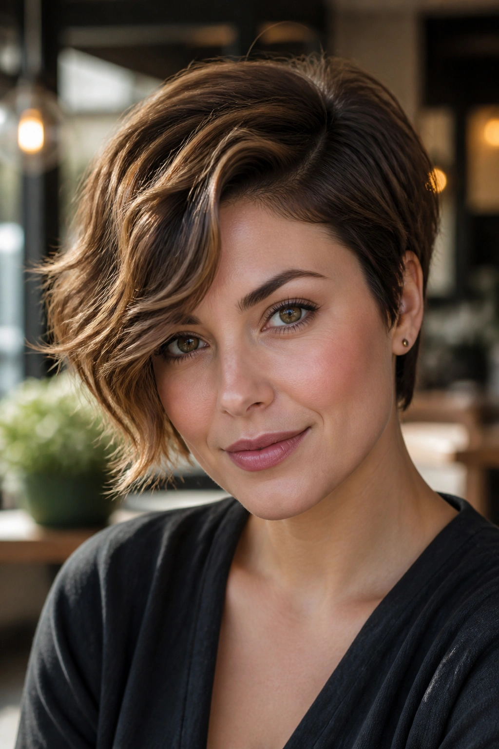 Close-up portrait of a real woman with an asymmetrical pixie and a deep side part, longer side grazing the cheekbone.