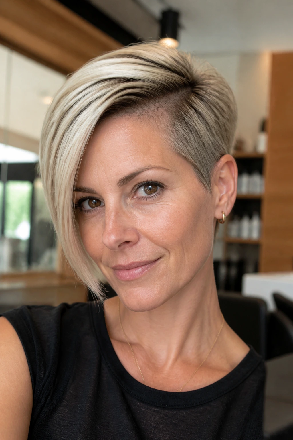 Portrait of a real woman with deep side part and asymmetrical pixie showing crisp lines.